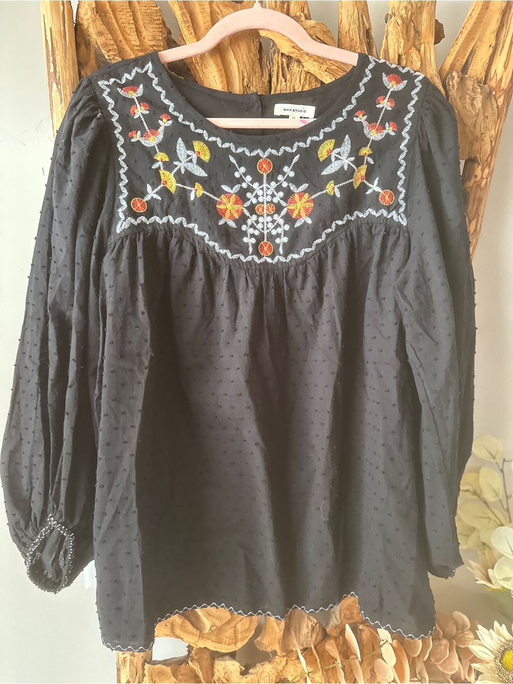 Max Studio Black Embroidered Peasant Blouse with Multicolor Floral Yoke